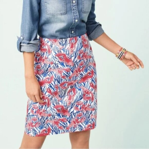 TALBOTS Lobster Print Cotton STRETCH A Line SKIRT Size 12 Blue Red White - Picture 2 of 7